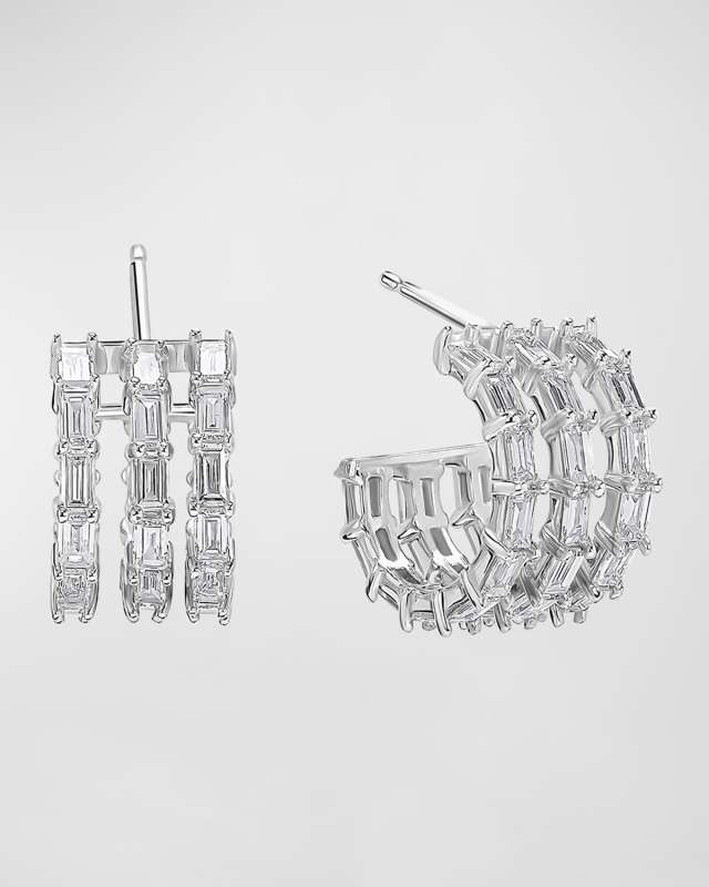 Baguette Triple Row Huggie Earrings with Diamonds